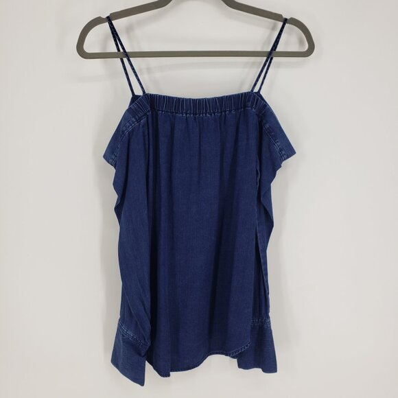 3/$25 LOFT Strappy Chambray Off the Cold Shoulder Top XXS Long Sleeve Denim Blue - Picture 3 of 7